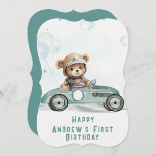 Race Car Baby Bear 1st Birthday Card