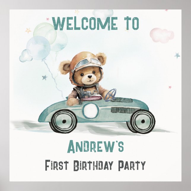 Race Car Baby Bear Birthday Welcome sign (Front)