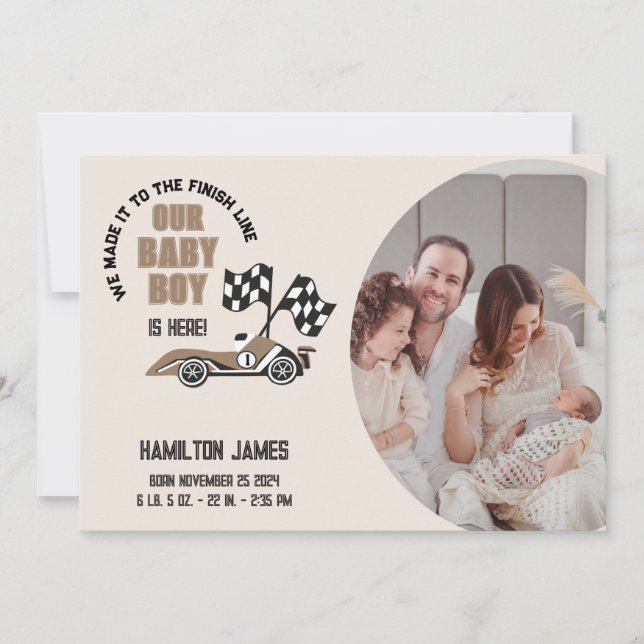 Race Car Baby Boy Birth Announcement (Front)