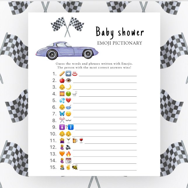 Race car baby shower - baby emoji pictionary game (Creator Uploaded)