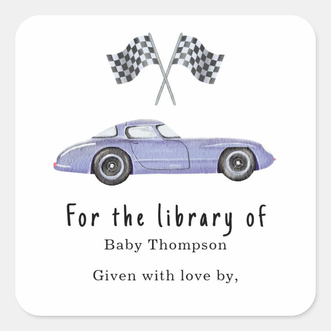 Race car - baby shower bookplate square sticker (Front)