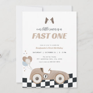 Race Car Beige Fast One First Birthday Invite 