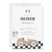 Race Car Beige Vintage Car First Birthday Invite 