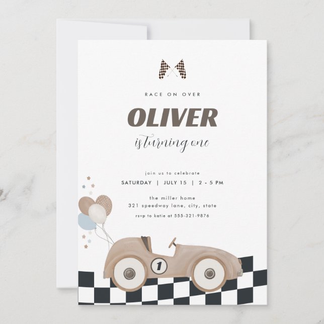 Race Car Beige Vintage Car First Birthday Invite  (Front)