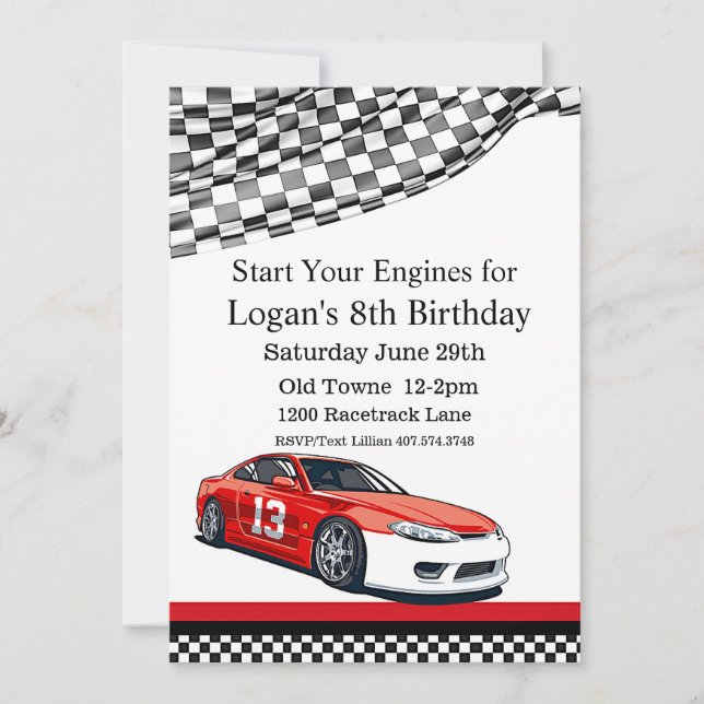 Race Car Birthday, 8th Birthday Invitation (Front)