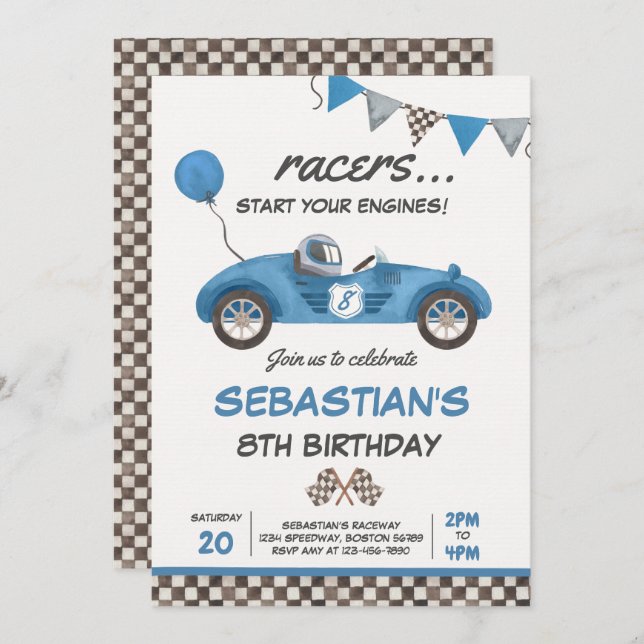 Race Car Birthday Blue Racing Track Birthday Party Invitation (Front/Back)