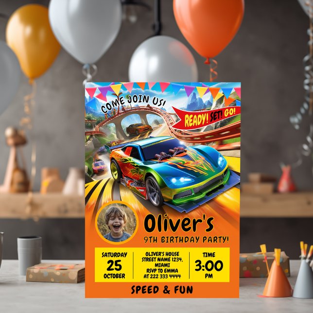 Race Car Birthday Celebration with Photo Holiday Card (Creator Uploaded)