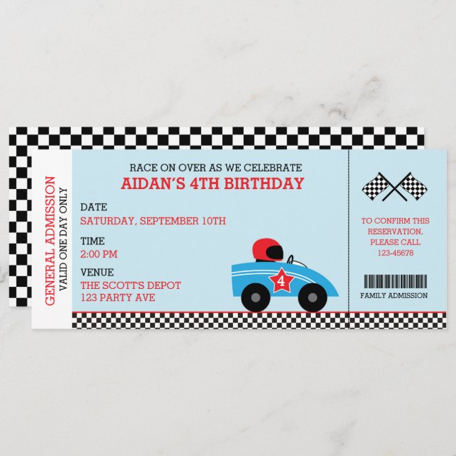 Race Car Birthday Invitations Boarding Pass Ticket (Front/Back)