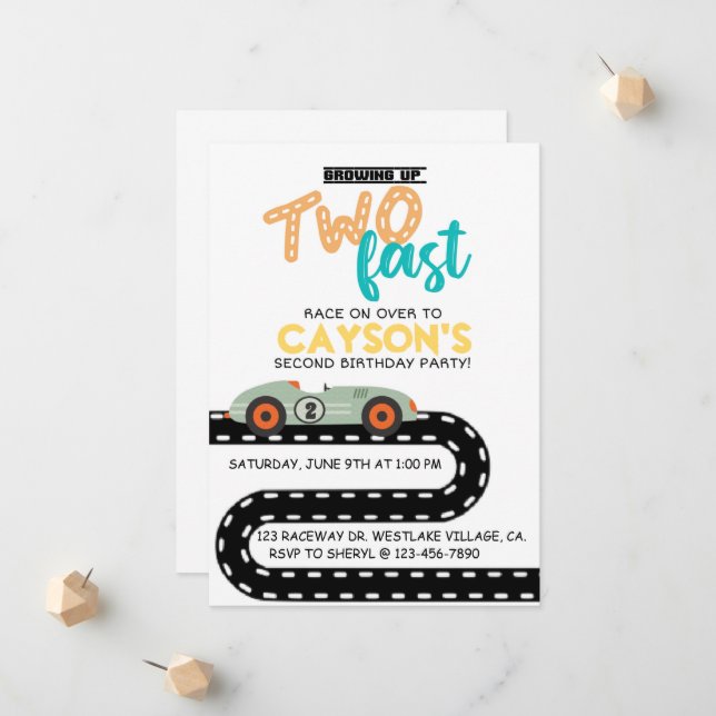 Race Car Birthday invitations, Second Birthday Announcement (Front/Back In Situ)