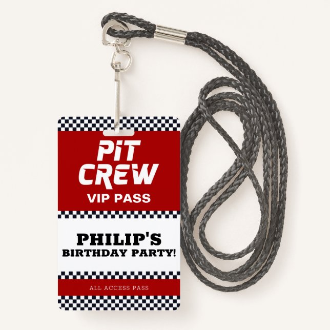 Race Car Birthday Party Pit Crew VIP Pass ID Badge (Front with Lanyard)