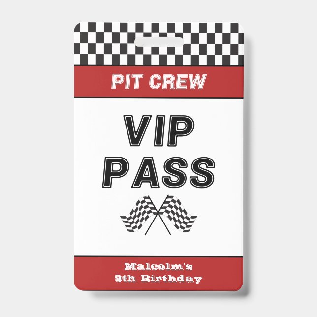 Race Car Birthday Party Pit Crew VIP Pass Pit Stop ID Badge (Front)