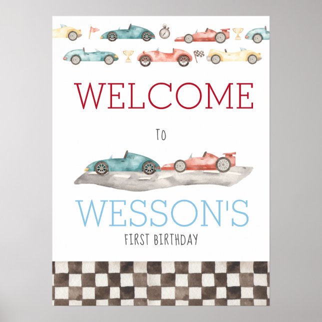 Race Car Birthday Party Welcome Sign, Race Welcome Poster (Front)