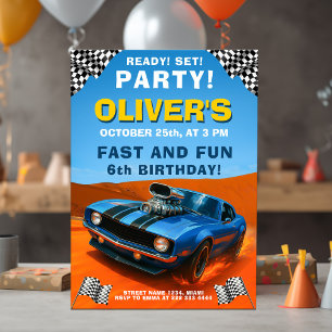 Race Car Birthday Party with Blue Hot Rod Invitation