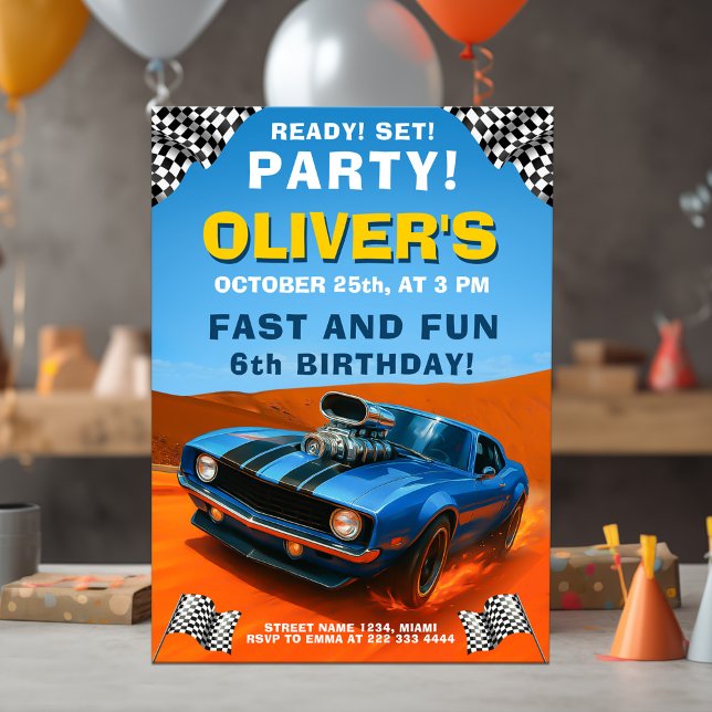 Race Car Birthday Party with Blue Hot Rod Invitation (Creator Uploaded)