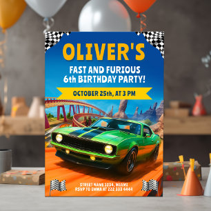 Race Car Birthday Party with Green Muscle Car Invitation