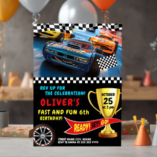 Race Car Birthday Party with Trophy & Flags Invitation