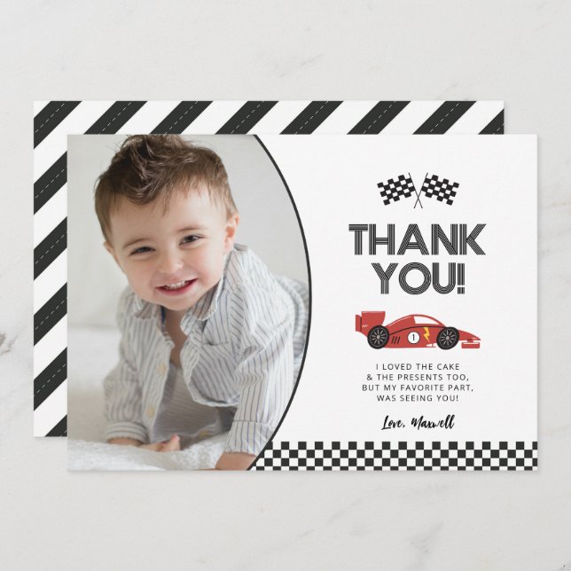 Race Car Birthday Thank You Card with Photo (Front/Back)