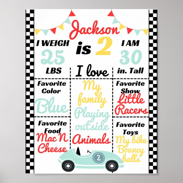 Race Car Birthday Theme Milestone Chart Poster (Front)