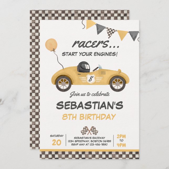 Race Car Birthday Yellow Vintage Racing Birthday Invitation (Front/Back)