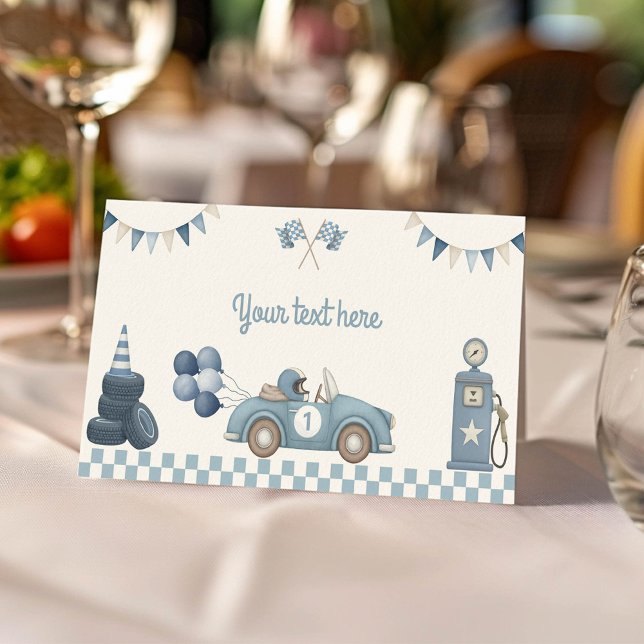 Race Car Blue Boy Birthday Party Food Tent Place Card (Creator Uploaded)