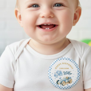 Race Car Blue Checkered Flag Boy First Birthday 3 Cm Round Badge