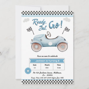 Race Car blue vintage Ready set go 8th birthday Invitation