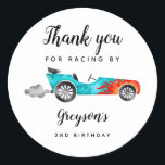 Race Car Boy Birthday Party  Classic Round Sticker<br><div class="desc">Cute race car theme birthday party favour sticker featuring illustration of blue vintage car with red flame. The text says "thank you for racing by."</div>