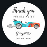 Race Car Boy Birthday Party  Classic Round Sticker<br><div class="desc">Cute race car theme birthday party favour sticker featuring illustration of blue vintage car with red flame. The text says "thank you for racing by."</div>