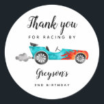 Race Car Boy Birthday Party  Classic Round Sticker<br><div class="desc">Cute race car theme birthday party favour sticker featuring illustration of blue vintage car with red flame. The text says "thank you for racing by."</div>
