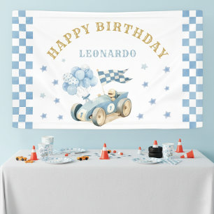 Race Car Boy First Birthday Blue Watercolor Banner
