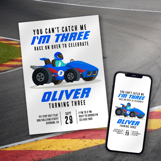 Race Car Can't Catch Me 3rd Birthday Party Invitation (Creator Uploaded)