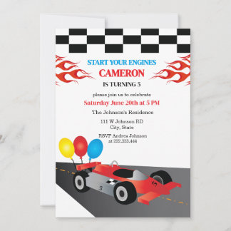  Race Car Checkers and Flames Birthday Invitation