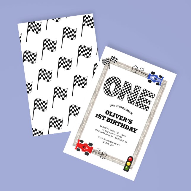Race Car Chequered Flag Boy's 1st Birthday Invitation (Creator Uploaded)