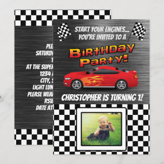 Race Car Chequered Flag Photo Boys Birthday Party Invitation