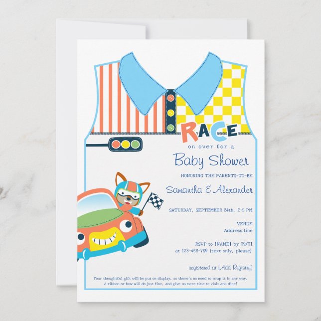 Race Car Cute Boy Fox Race Car Driver Baby Shower Invitation (Front)