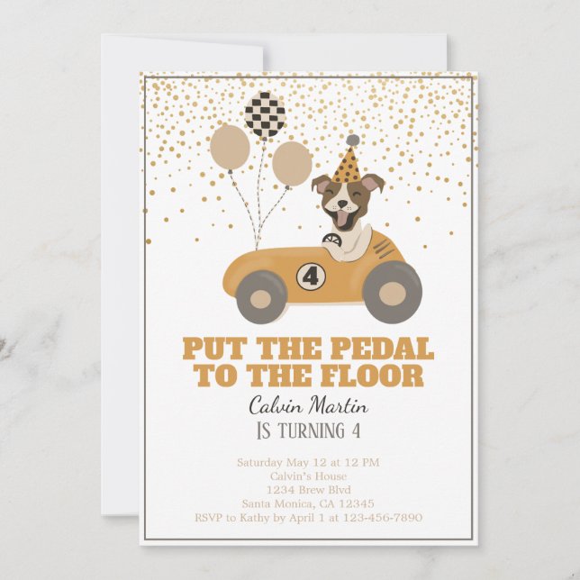 Race Car Dog Boys Fourth Birthday Party Invitation (Front)
