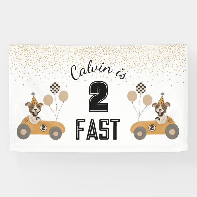 Race Car Dog Two Fast Birthday Party Banner (Horizontal)