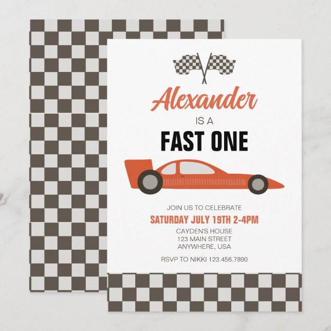 Race Car Fast One 1st Birthday Invitation (Front/Back)
