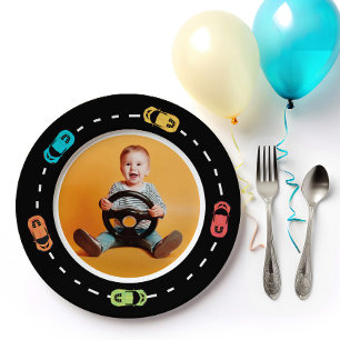 Race Car Fast One Boys Birthday Photo Paper Plates