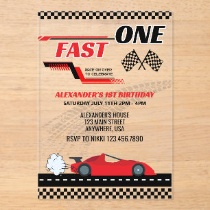 Race Car First Birthday Party Invite for Boys Acrylic Invitations