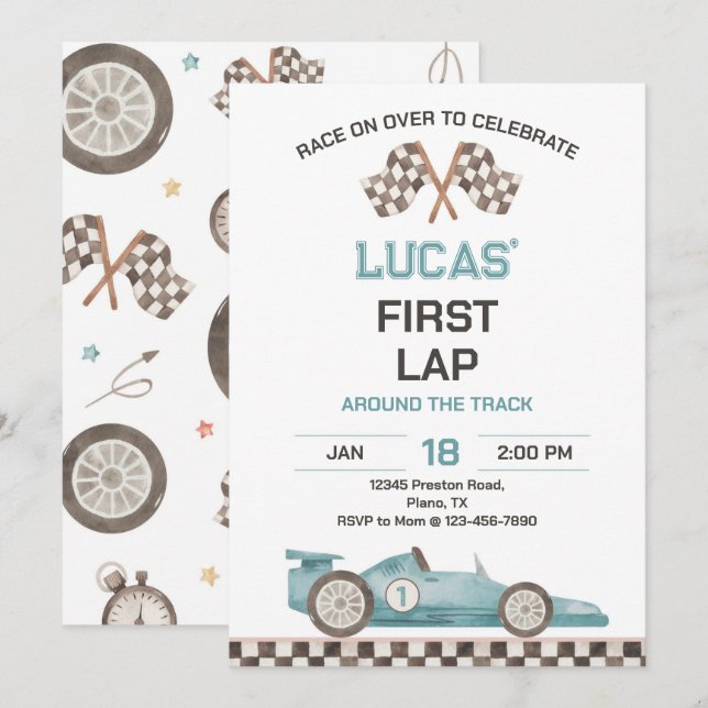Race Car First Lap Around the Track Birthday Party Invitation (Front/Back)