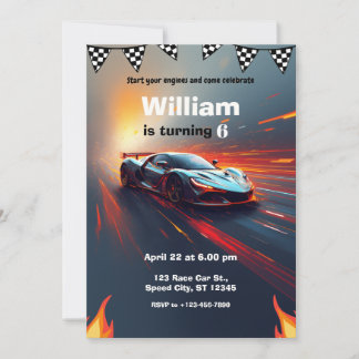 Race Car Flames Rally Birthday Party Invitation