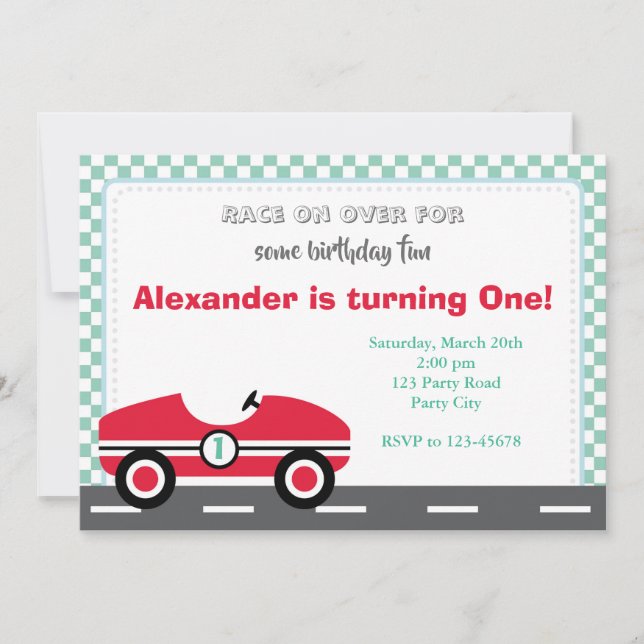 Race Car Invitations (Boys Ride On Teal Red) (Front)