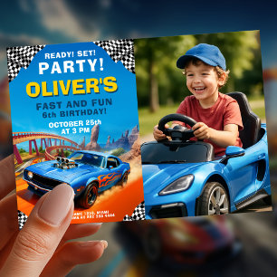 Race car kids birthday party design invitation