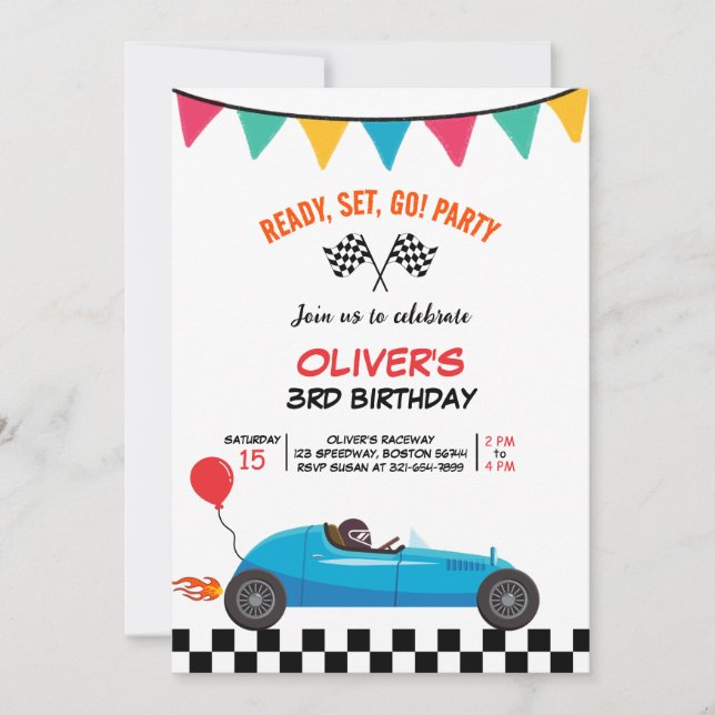 Race Car Kids Birthday Party Greeting Flat Card (Front)
