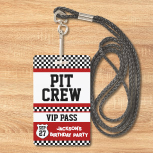 Race Car Pit Crew VIP Pass Kids Birthday  ID Badge