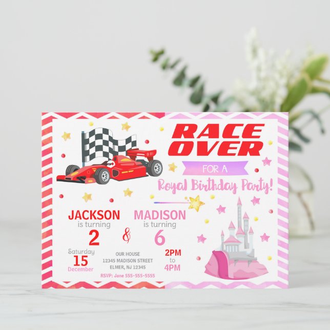 Race Car & Princess Joint Birthday Invitation (Standing Front)