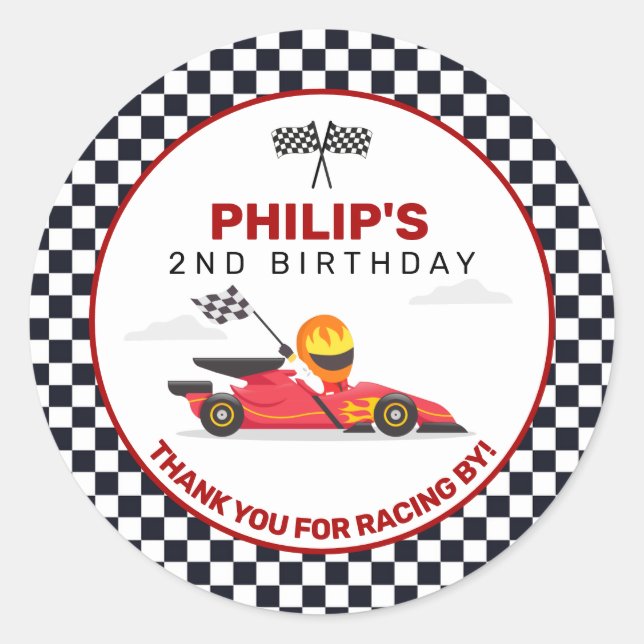 Race Car Racing Two Fast Boy Birthday Thank You Classic Round Sticker (Front)
