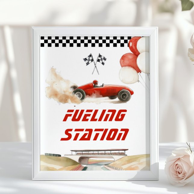 Race Car Red Fuelling Station Birthday Drinks Poster (Creator Uploaded)