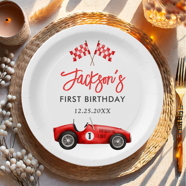 Race Car Red Racing Boy 1st Birthday Paper Plate (Creator Uploaded)